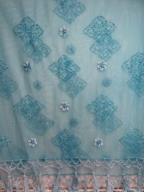 Lucy's Silk Embroidered Light Blue Sheer Beaded Scarf with Tassel Fringe